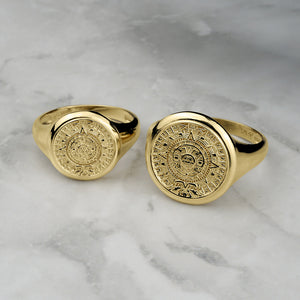 10k & 14k Gold Classic Aztec Mayan Calendar Round Signet Ring