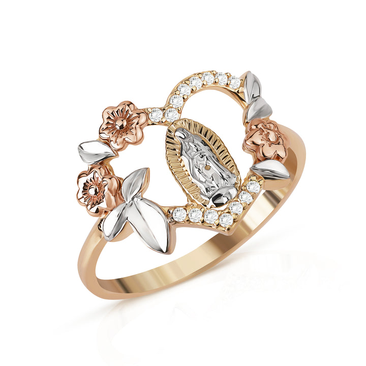 10k & 14k Gold Virgin Mary Guadalupe Luxe Tri-Color Heart Ring