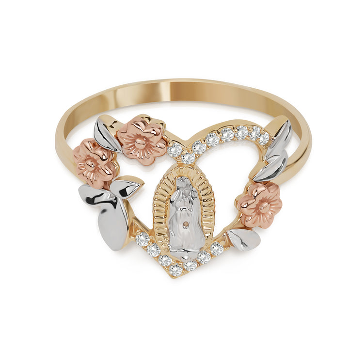 10k & 14k Gold Virgin Mary Guadalupe Luxe Tri-Color Heart Ring