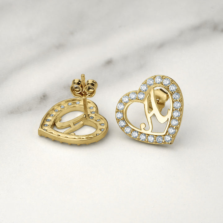 10k Gold Lily Cursive Initial Heart CZ Earrings