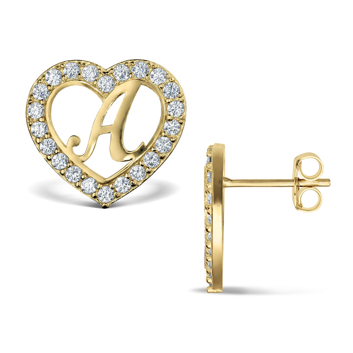 10k Gold Lily Cursive Initial Heart CZ Earrings