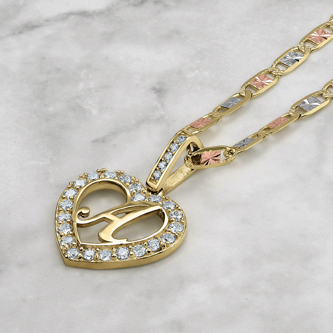 10k Gold Lily Cursive Initial Heart CZ Pendant