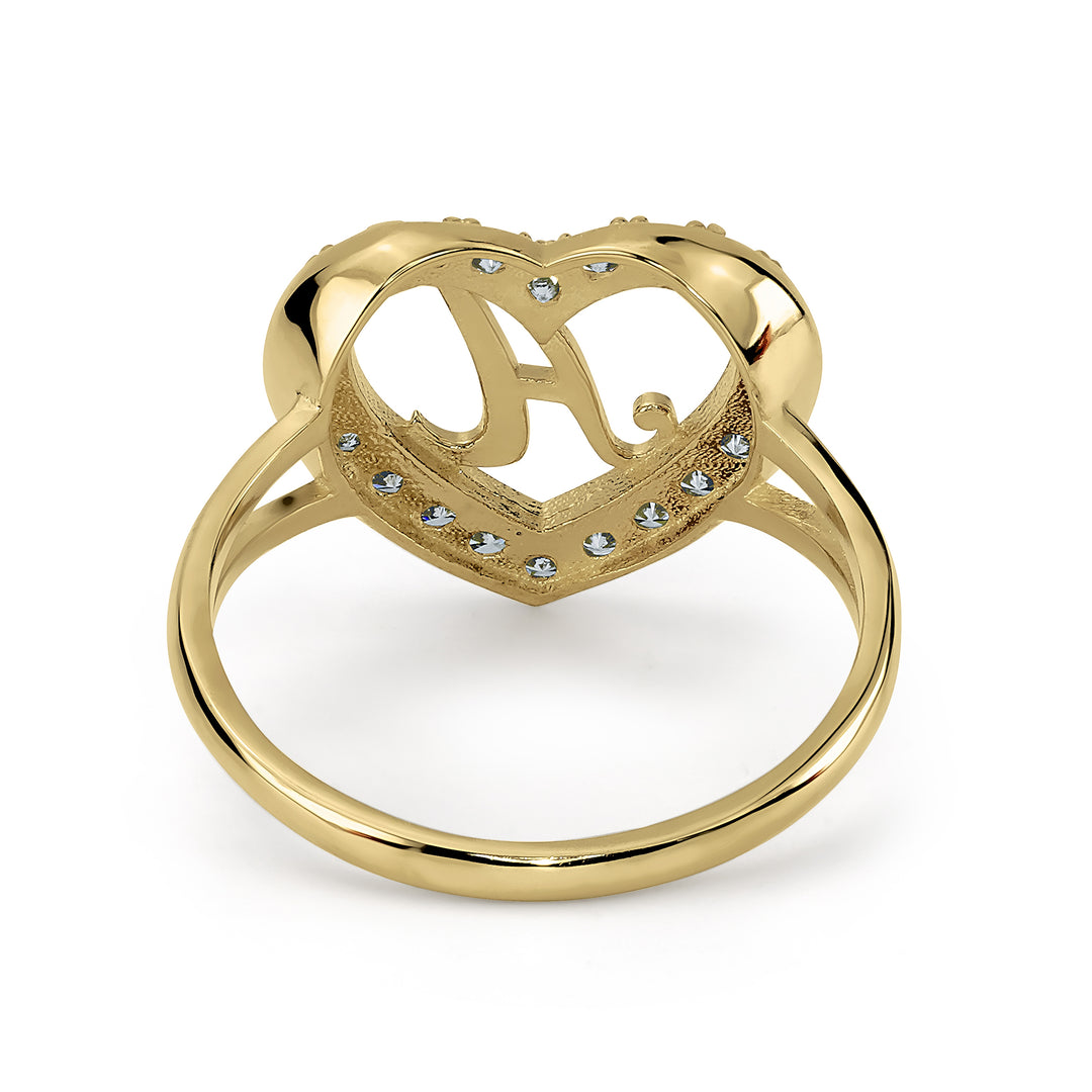 10k Gold Lily Cursive Initial Heart CZ Ring