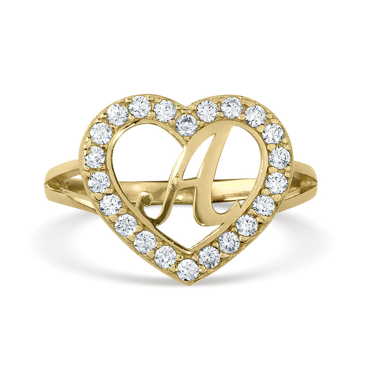 10k Gold Lily Cursive Initial Heart CZ Ring