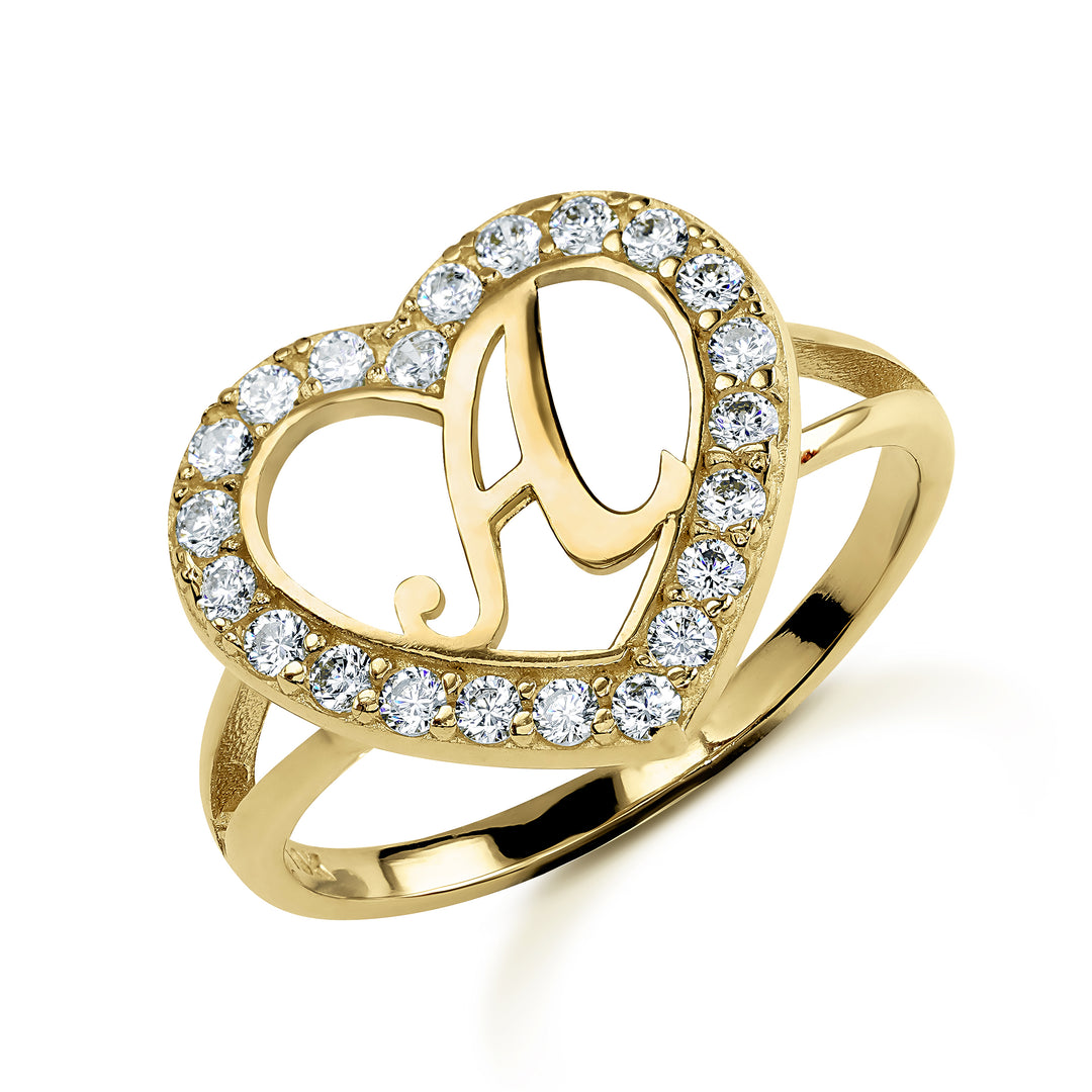 10k Gold Lily Cursive Initial Heart CZ Ring