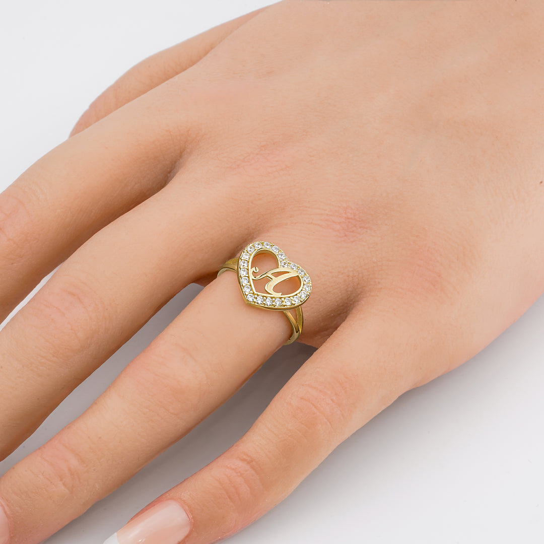 10k Gold Lily Cursive Initial Heart CZ Ring