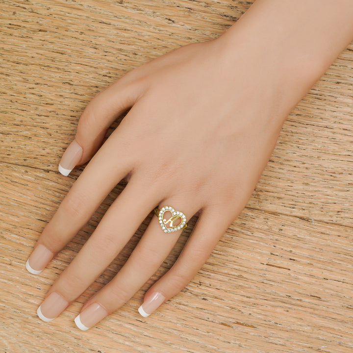 10k Gold Lily Cursive Initial Heart CZ Ring