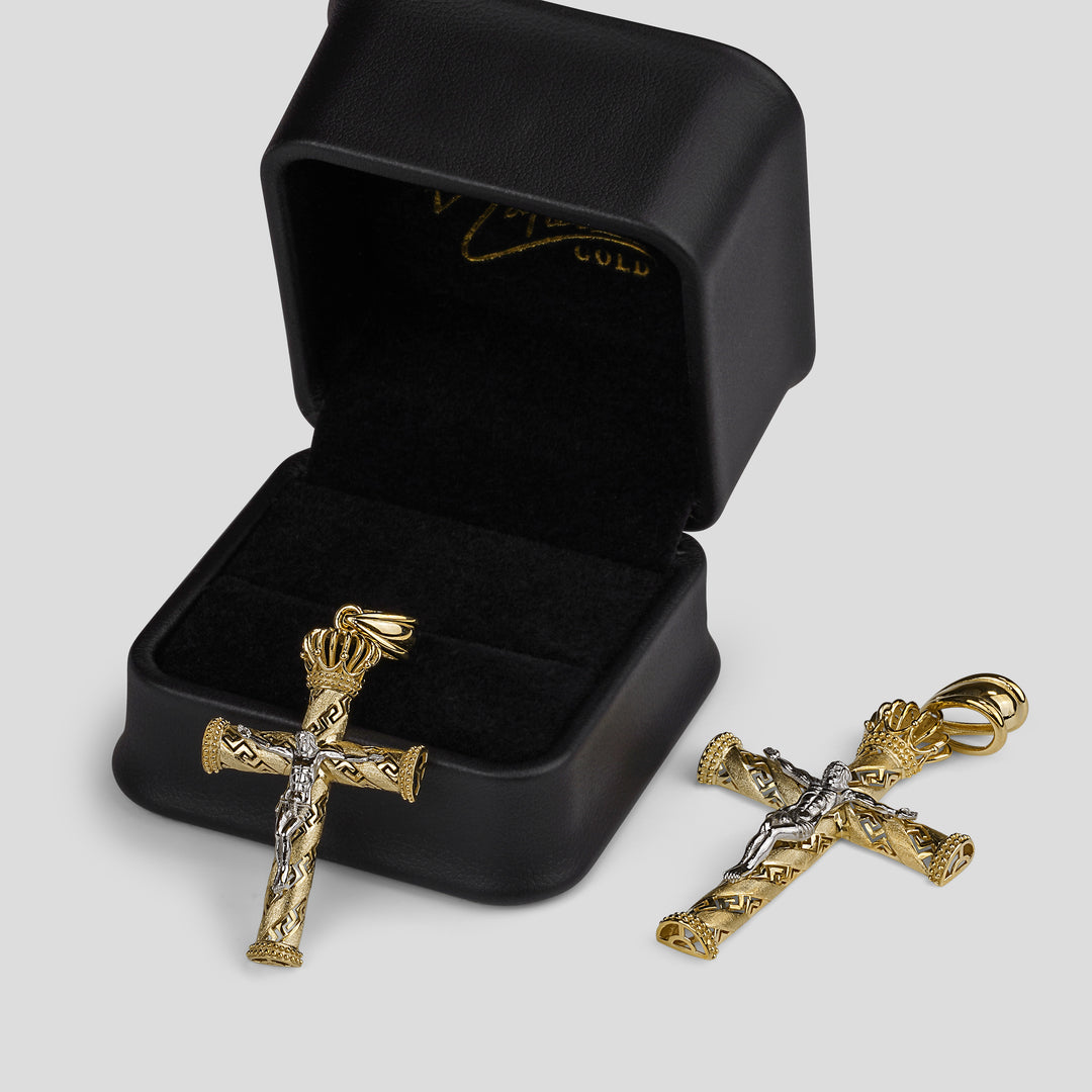 10k & 14k Gold Loyal Two-Tone Crucifix Greek Key Cross Pendant