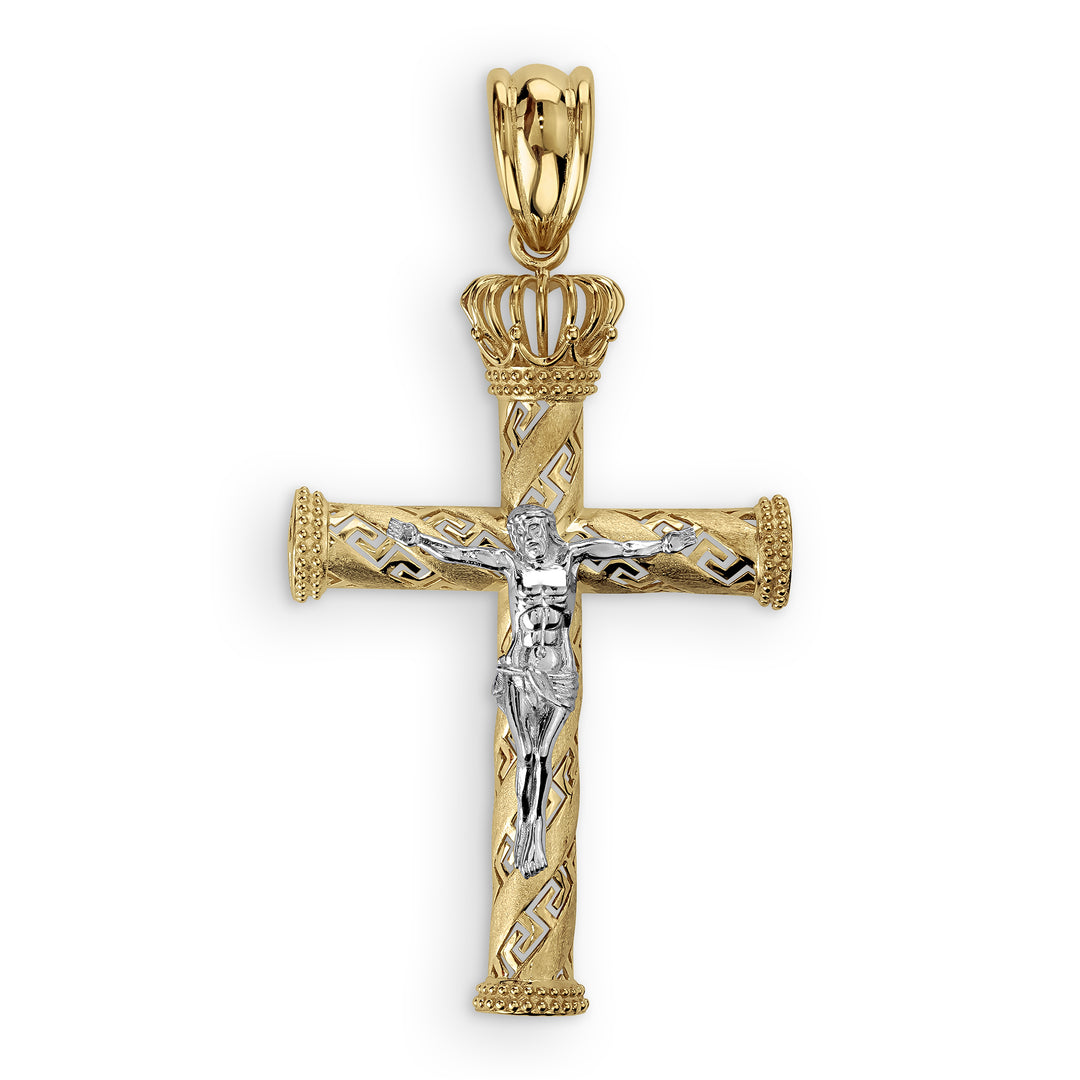 10k & 14k Gold Loyal Two-Tone Crucifix Greek Key Cross Pendant