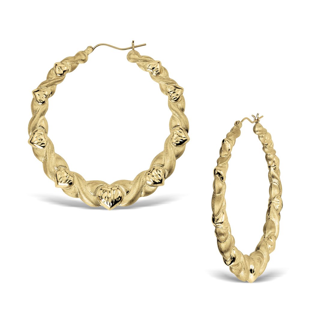 10k Gold Textur Heart Twisted Round Hoop Earrings