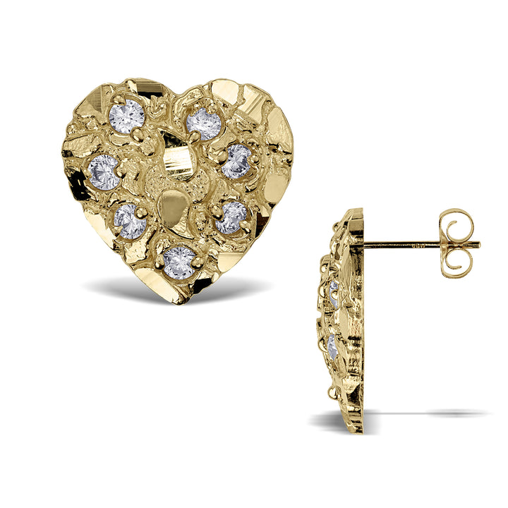 10k & 14k Gold Heart Nugget CZ Stud Earrings