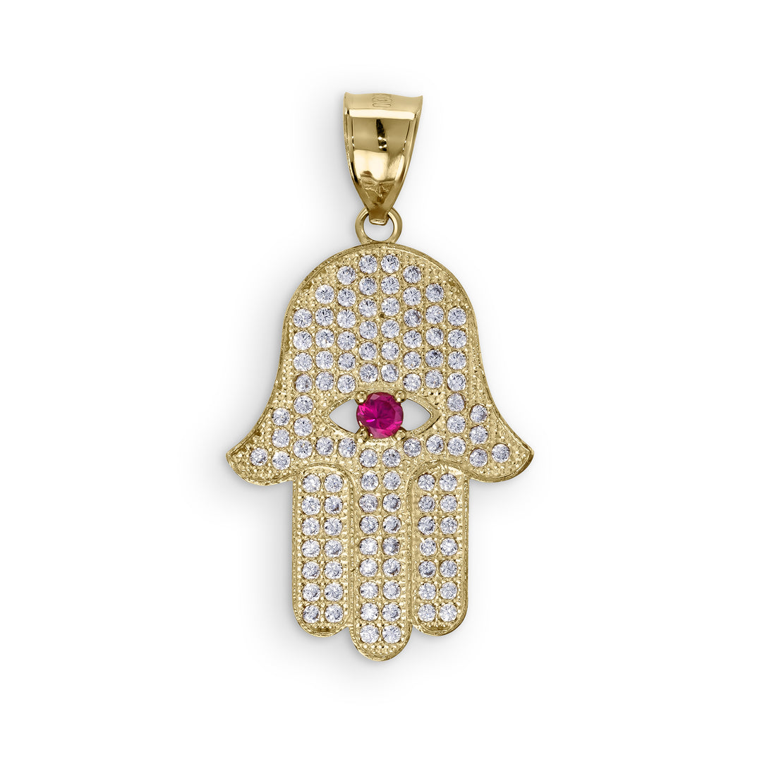 10k & 14k Gold Hamsa Hand Evil Eye CZ Pendant