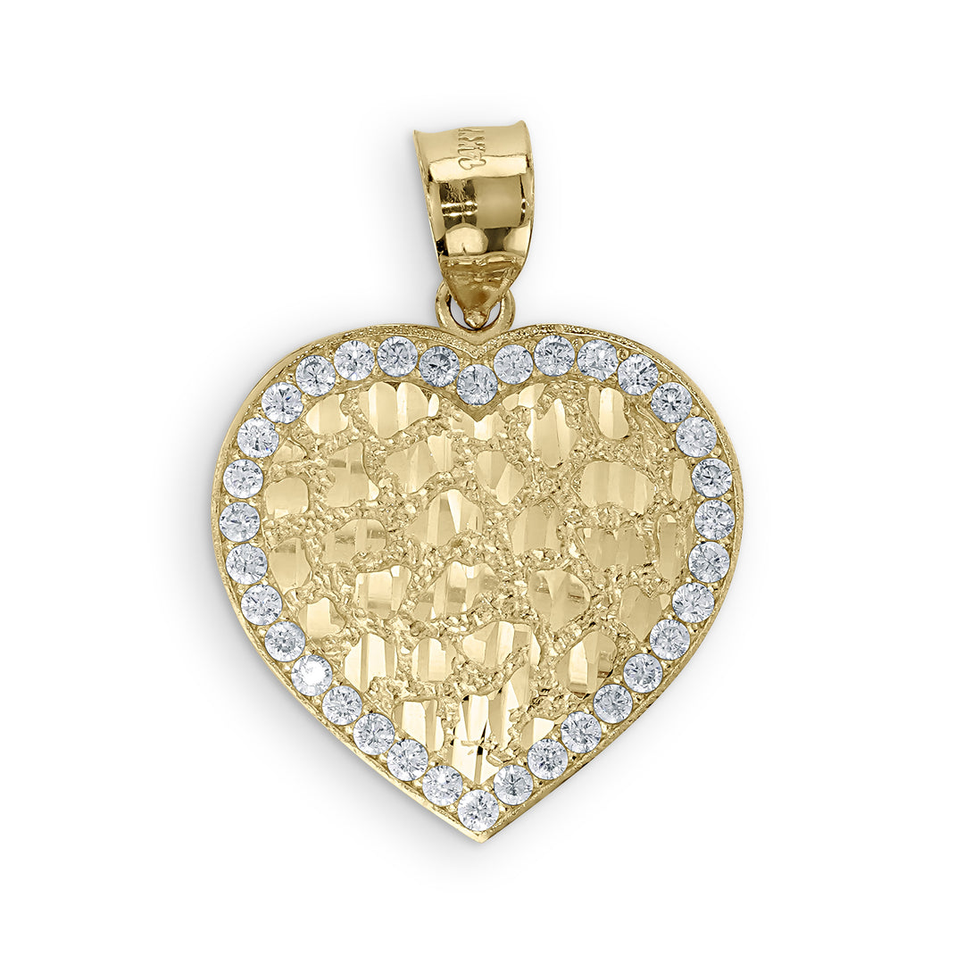 10k & 14k Gold Vintage Heart Nugget CZ Pendant