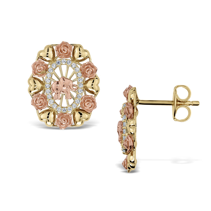 14k Gold Bloom Tricolor Elephant CZ Oval Stud Earrings