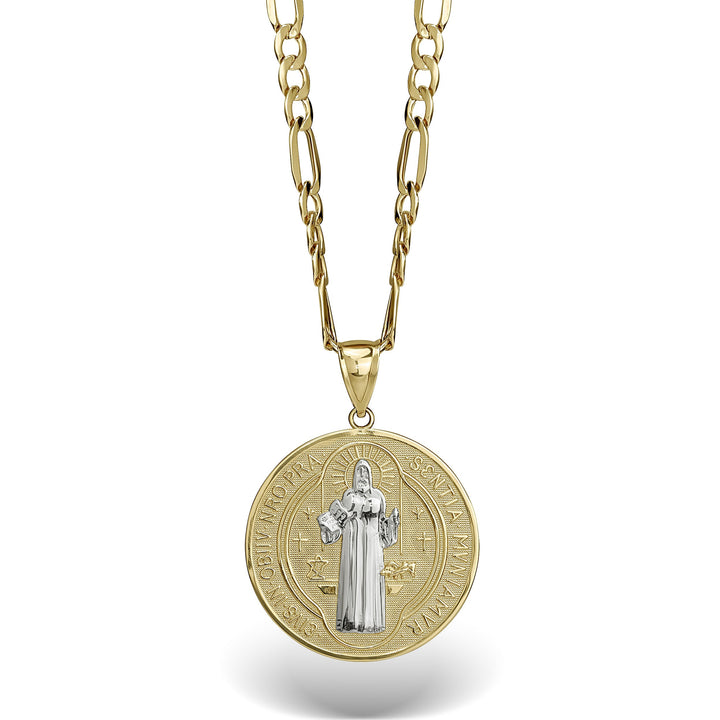 10k & 14k Gold Classic Saint Benedict Flat Round Pendant (Two-Tone)