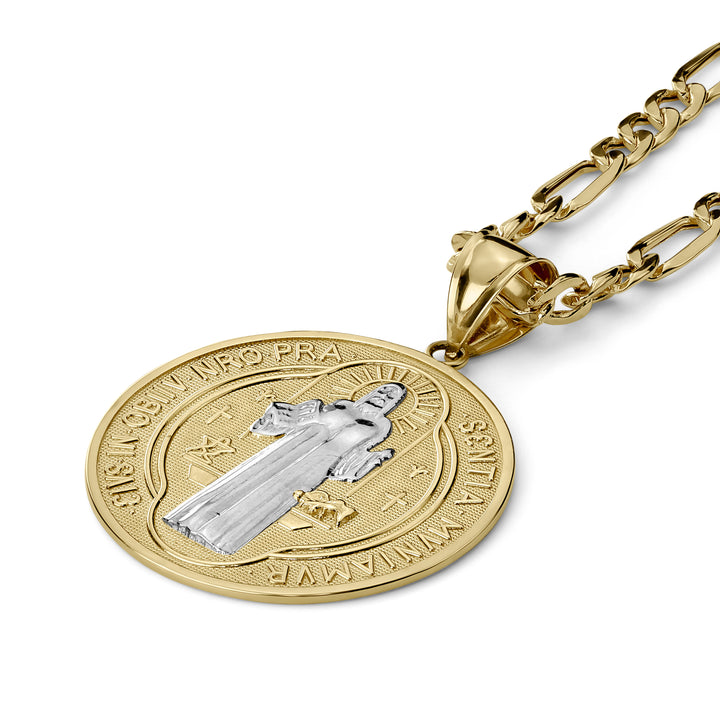 10k & 14k Gold Classic Saint Benedict Flat Round Pendant (Two-Tone)